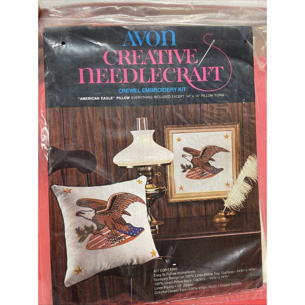 VTG American Eagle & Flag Avon Creative Needlecraft Crewel Embroidery Pillow Kit